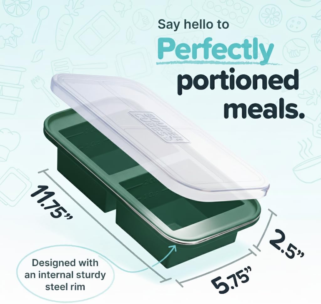 Souper Cubes 2 Cup Silicone Freezer Tray with Lid, Perfect for Storing Lasagna, Leftovers, Sauces, Portioned Meals and More, Silicone Freezer Mold for Meal Prepping - Kale - 1-Pack